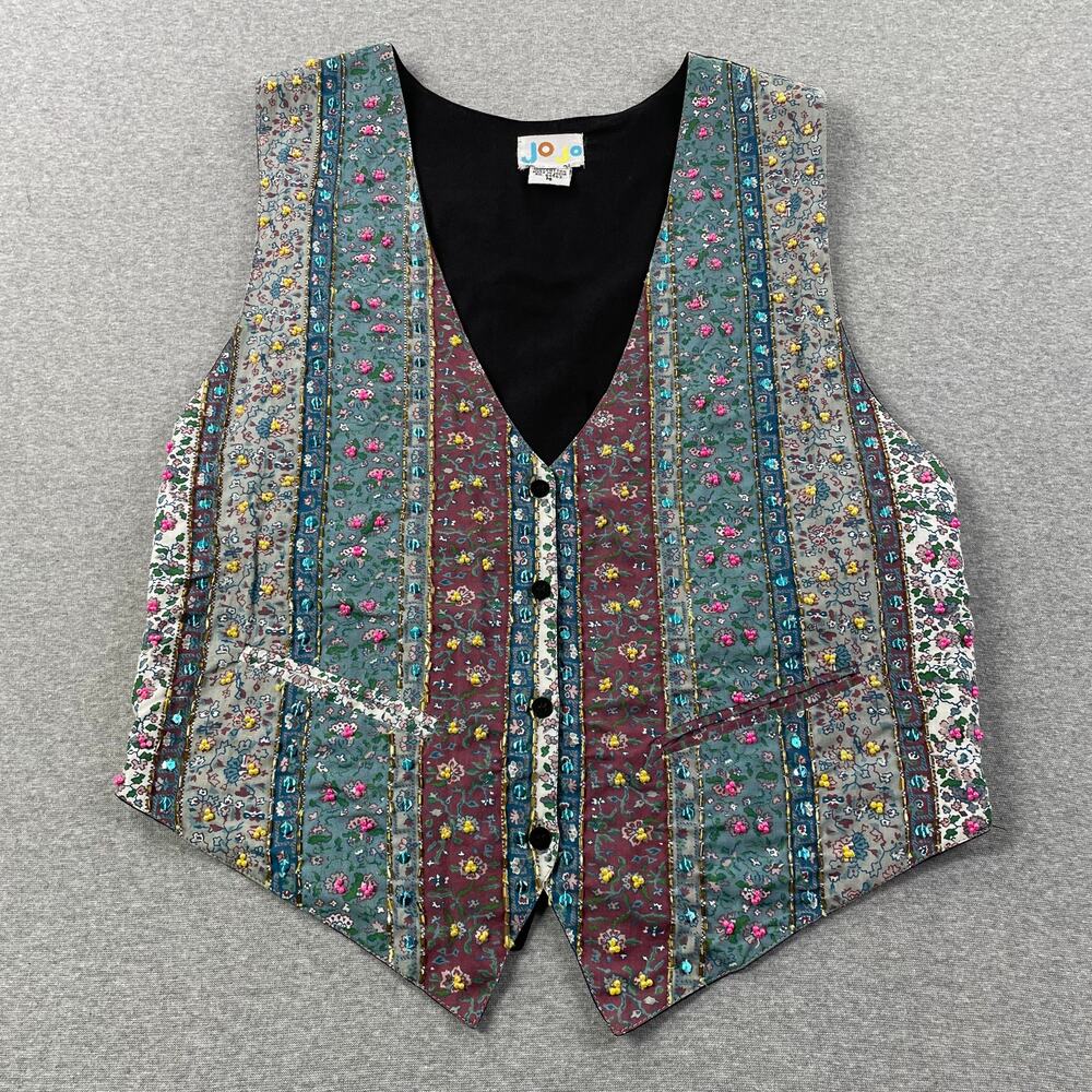 Vintage JOJO Beaded Patchwork Floral Vest Womens M Artsy Boho Cottagecore Hippie
